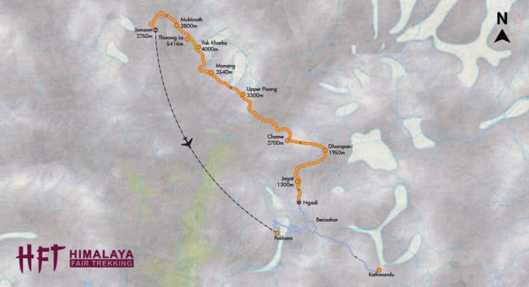 Grafische Darstellung des Tourenverlaufs und der Tagesetappen auf der Kleinen Annapurna Runde (T109)