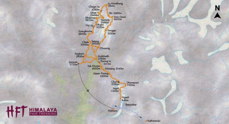 Nepal: Annarpurna Runde kombiniert mit dem Trek durch das ehemalige Königreich Mustang (T150): Karte/Map/Tourenverlauf