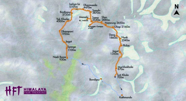Nepal: Trek und um den Manaslu (T162) Tourenverlauf/Map