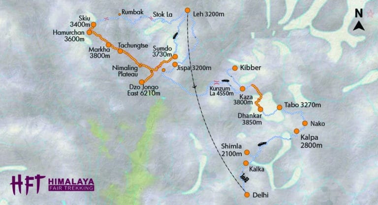 Indischer Himalaya: Trekking im Spiti Valley und anschließend Besteigung des Dzo Jongo East Peak (T532) inb Ladakh. Karte / Map / Reiseverlauf
